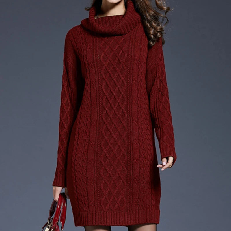 Cozy Cable-Knit Turtleneck Sweater Dress