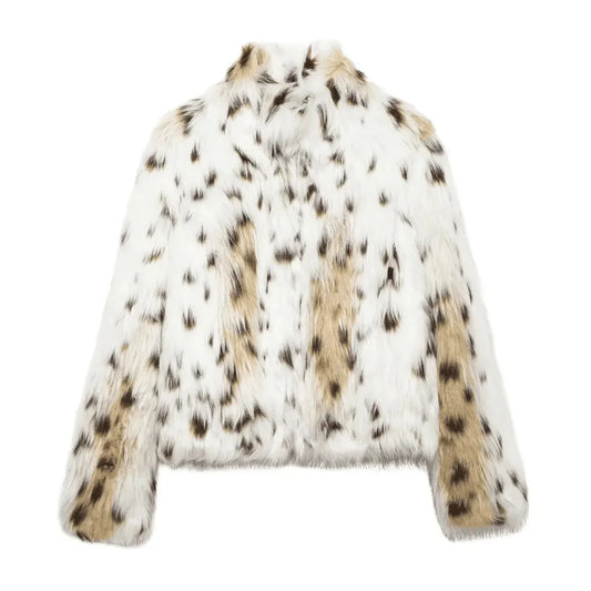 Leopard-pattern faux fur short coat with stand collar and long sleeves