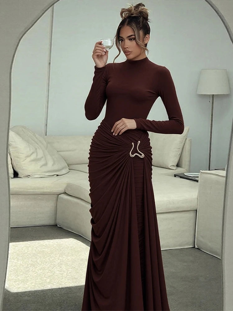 Auburn Contour Draped Metal-Detail Maxi Dress