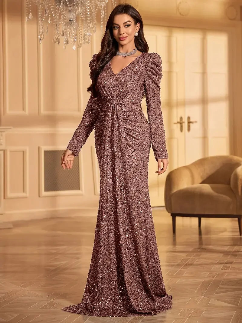 Elegant Women's Long-Sleeve V-Neck Evening Dress - Perfect for Weddings, Birthdays & Parties