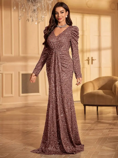 Elegant Women's Long-Sleeve V-Neck Evening Dress - Perfect for Weddings, Birthdays & Parties
