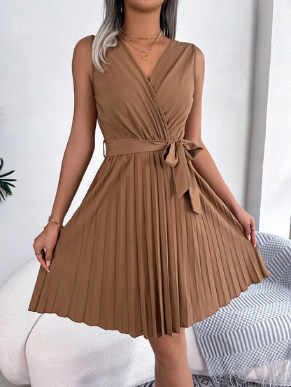 Sleeveless Wrap Pleated Mini Dress – Vohran