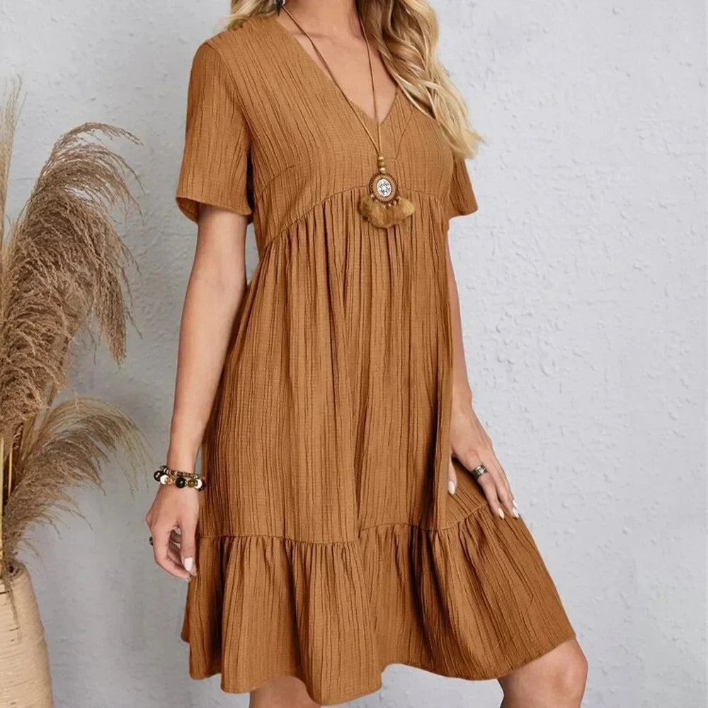 Casual V-Neck Short-Sleeve Dress with Flared Hem – Vohran