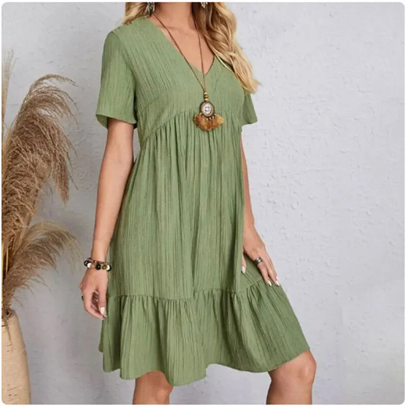 Casual V-Neck Short-Sleeve Dress with Flared Hem – Vohran
