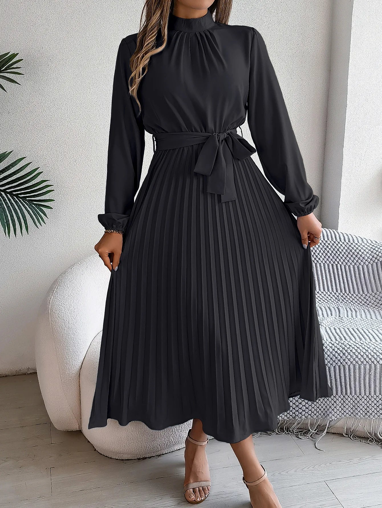 Grace Pleated Belted Midi Dress – Vohran