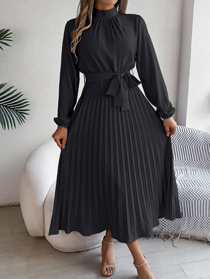Grace Pleated Belted Midi Dress – Vohran