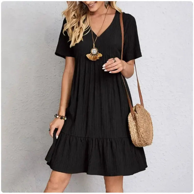 Casual V-Neck Short-Sleeve Dress with Flared Hem – Vohran