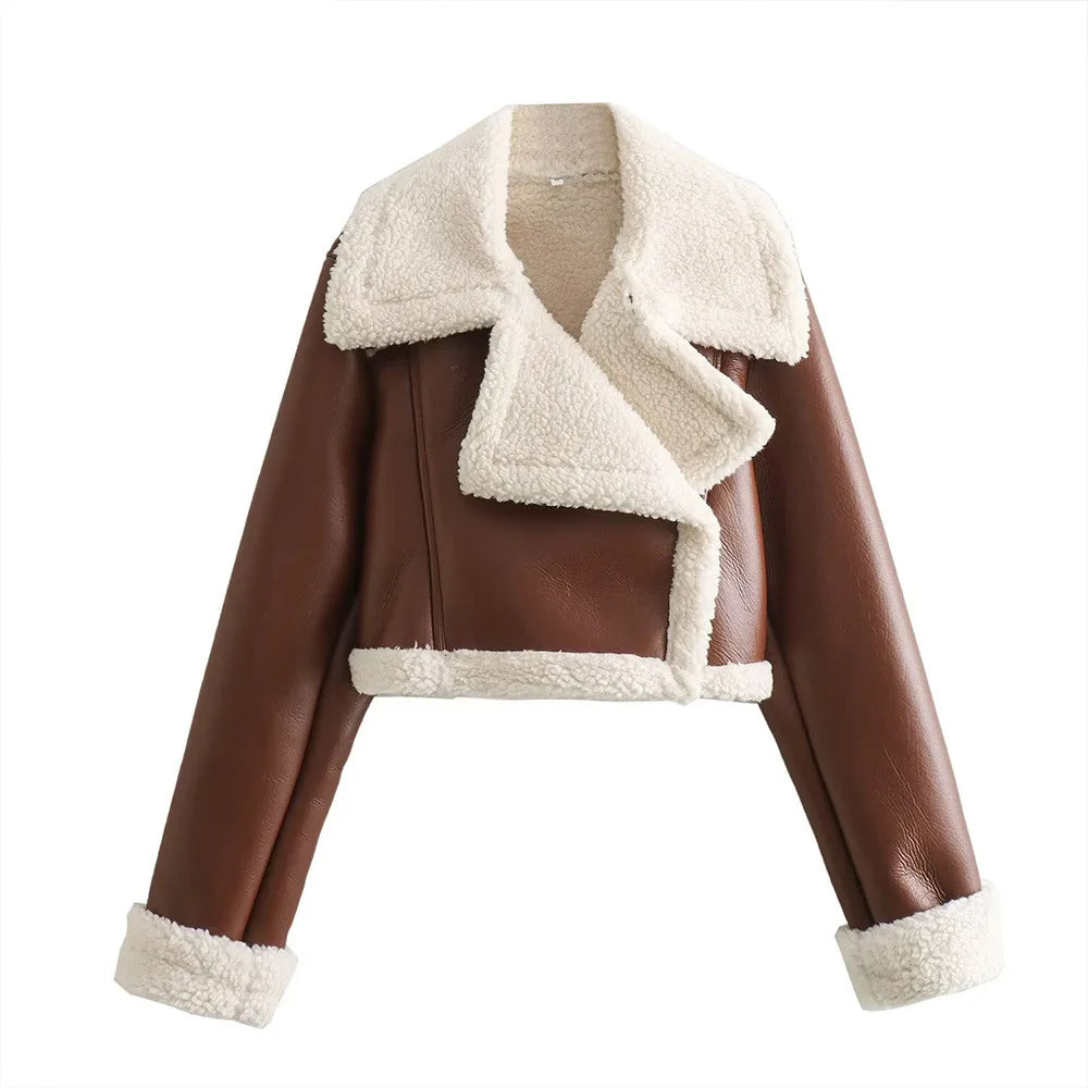 Autumn/winter New Style European American Double-sided Loose Fit Zippered Cropped Jacket Women's Leather One-piece Jacket