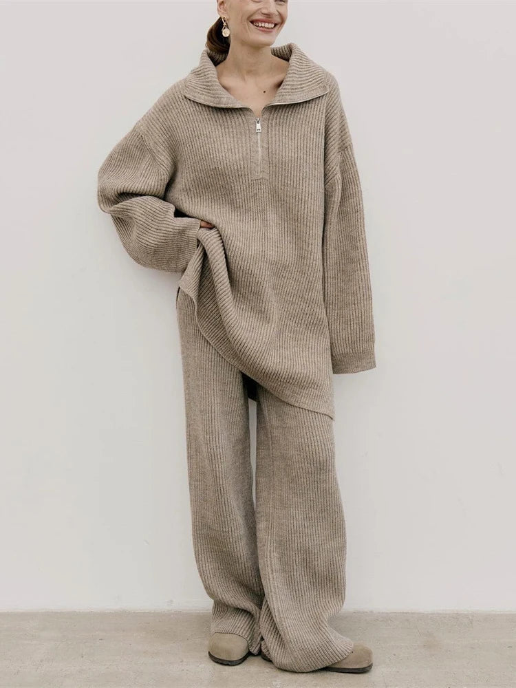 Half-Zip Turtleneck Knit Co-ord with Wide-Leg Trousers