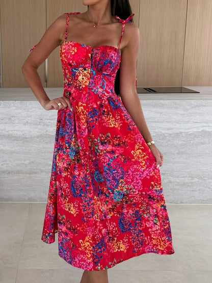 Tropical Print Midi Dress with Tie Straps