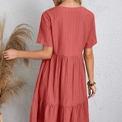 Casual V-Neck Short-Sleeve Dress with Flared Hem – Vohran