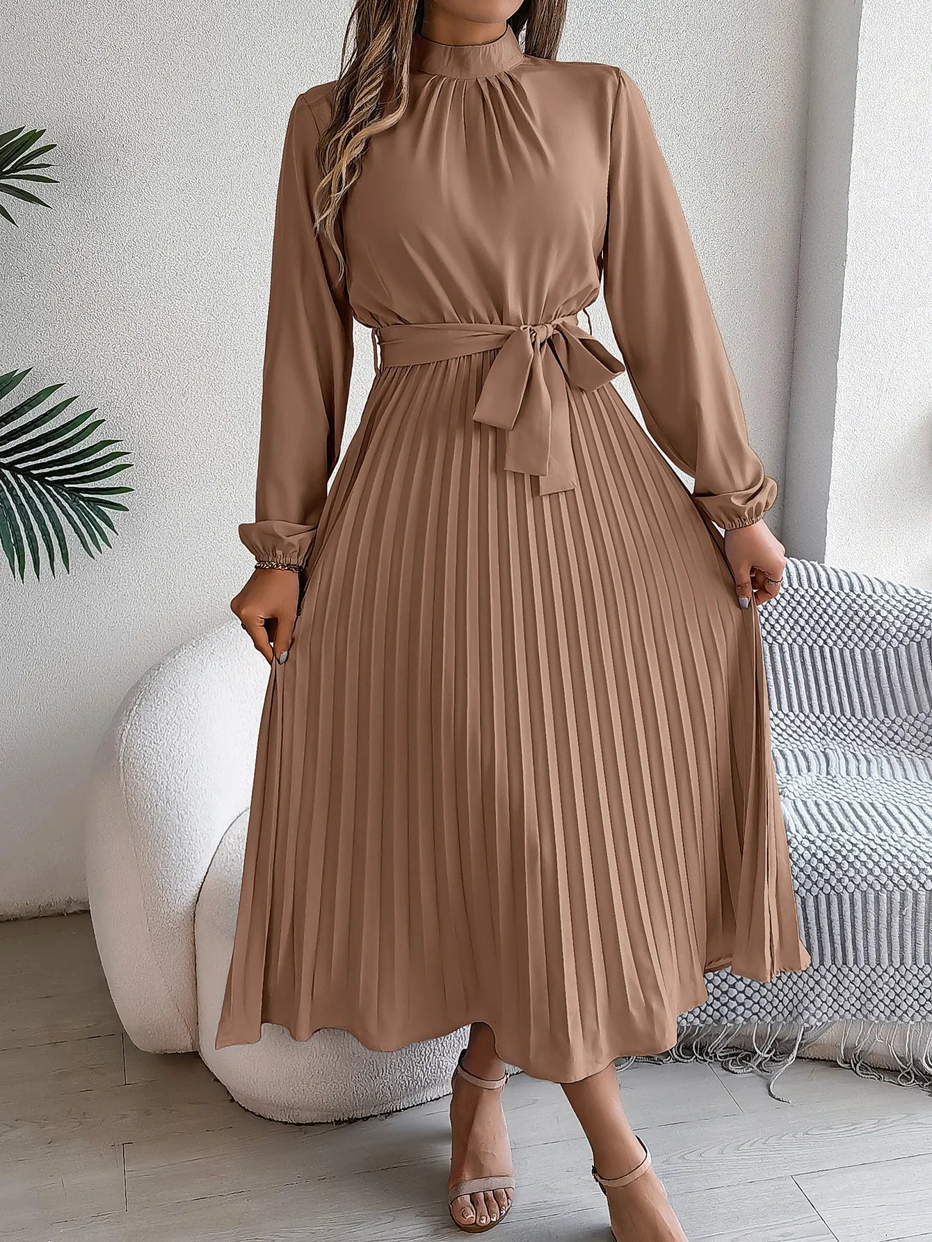 Grace Pleated Belted Midi Dress – Vohran