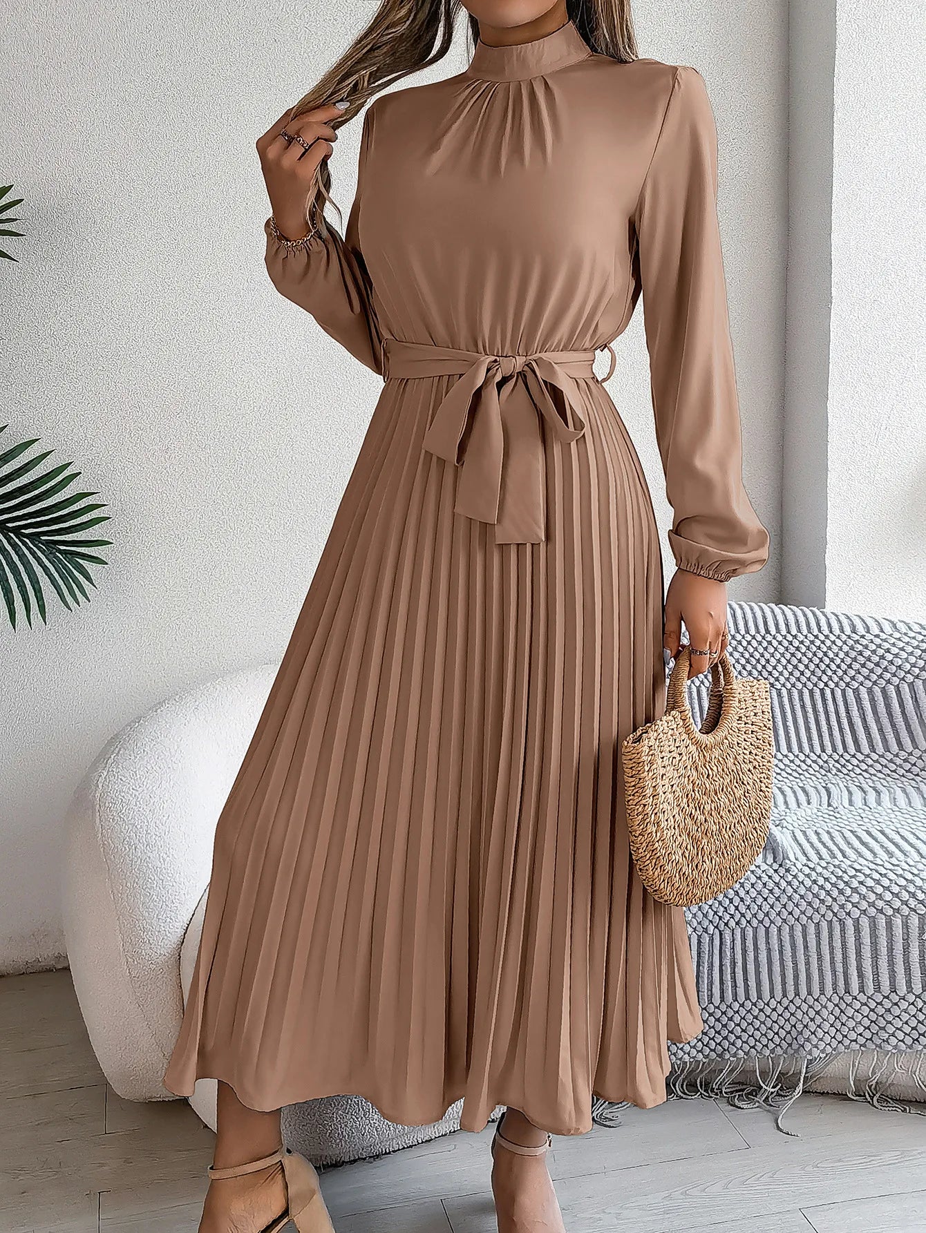 Grace Pleated Belted Midi Dress – Vohran