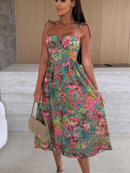 Tropical Print Midi Dress with Tie Straps