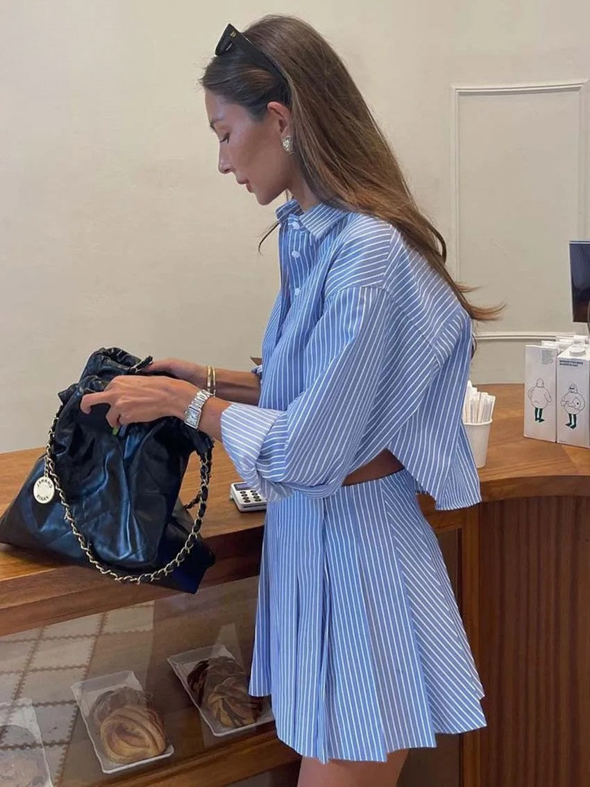 Elegant Striped Crop Top & Pleated Skirt Set