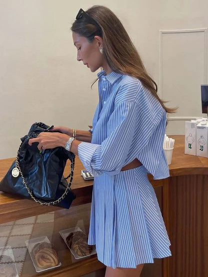 Elegant Striped Crop Top & Pleated Skirt Set