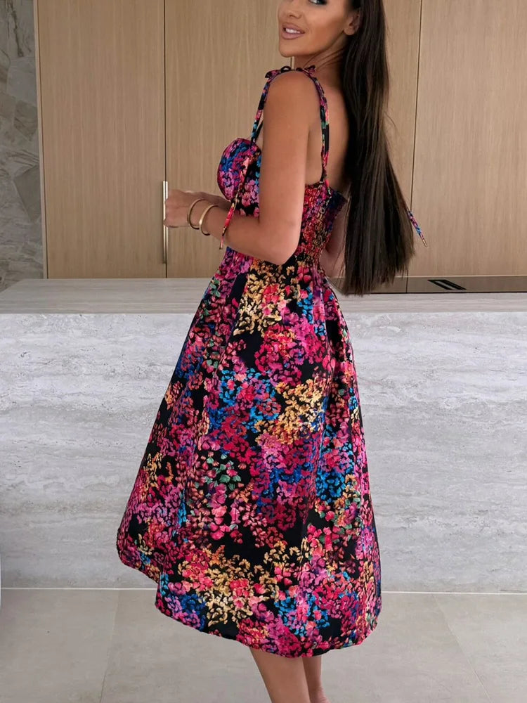Tropical Print Midi Dress with Tie Straps