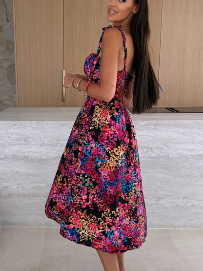 Tropical Print Midi Dress with Tie Straps