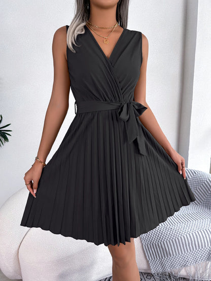 Sleeveless Wrap Pleated Mini Dress – Vohran