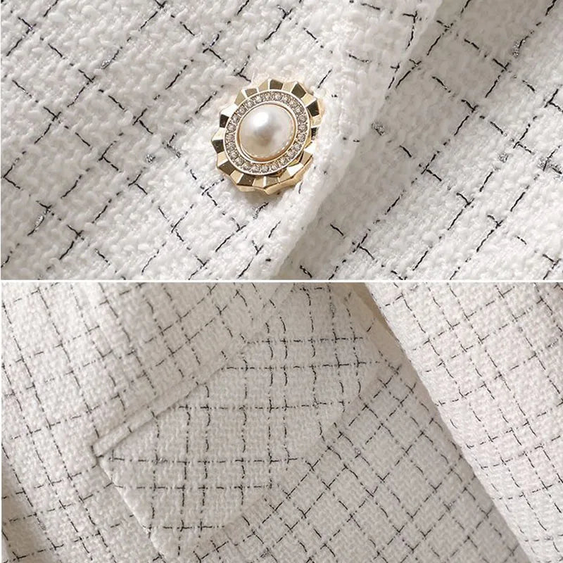 Elegant White Checkered Blazer Jacket for Women