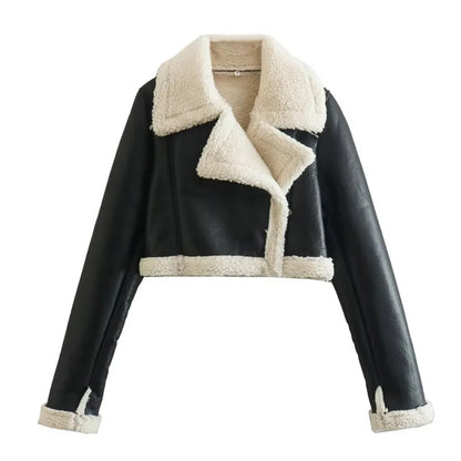 Autumn/winter New Style European American Double-sided Loose Fit Zippered Cropped Jacket Women's Leather One-piece Jacket