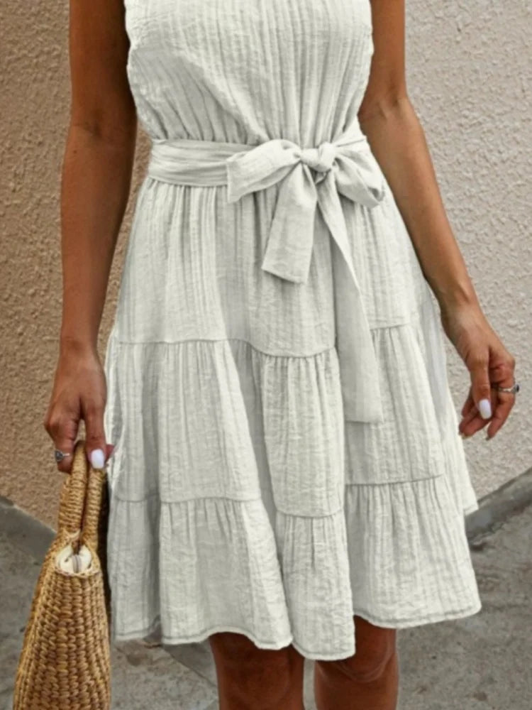 White Sleeveless Mini Dress with Waist Tie – Summer Elegance