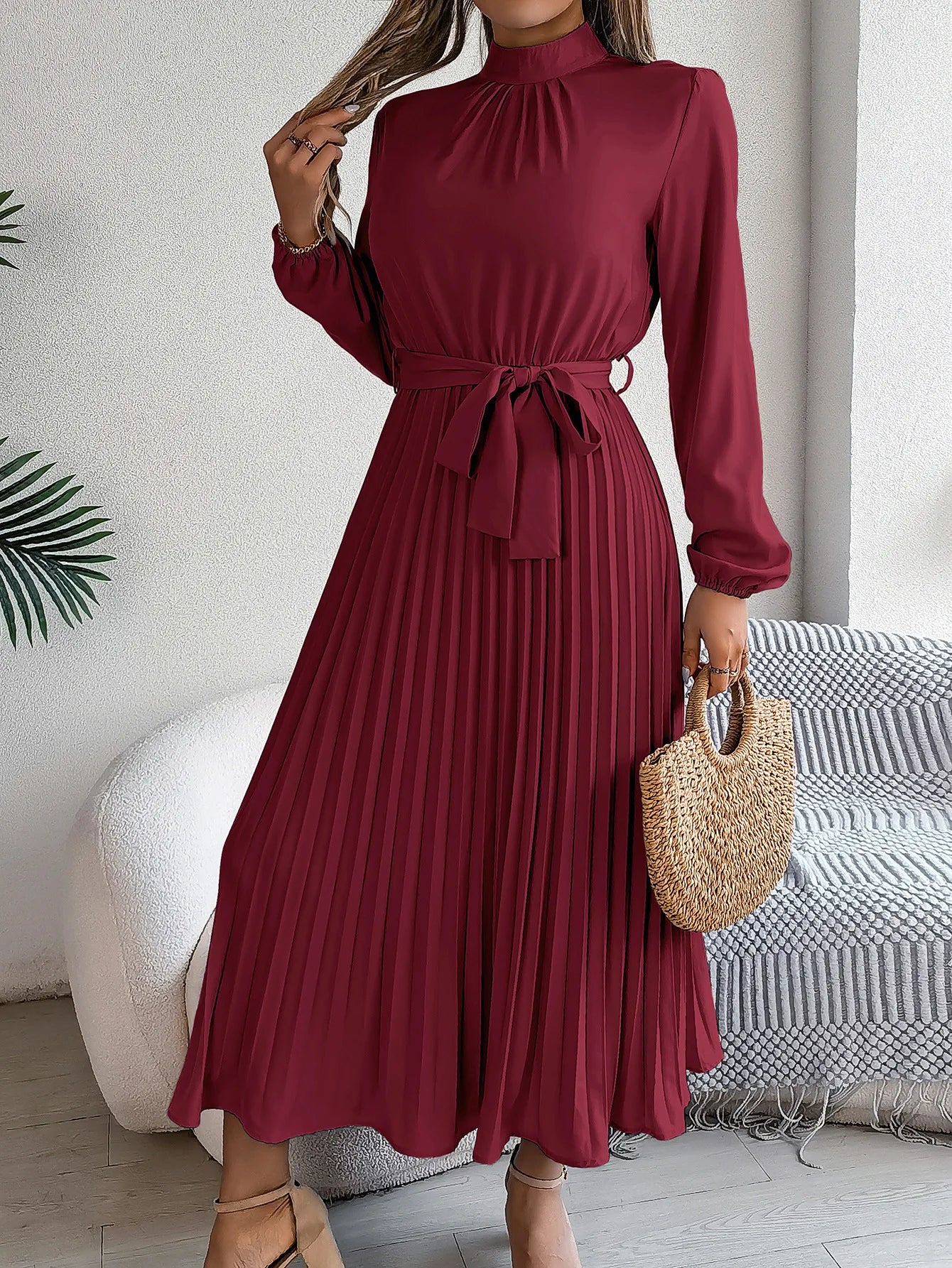 Grace Pleated Belted Midi Dress – Vohran