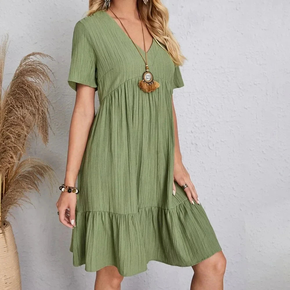 Casual V-Neck Short-Sleeve Dress with Flared Hem – Vohran