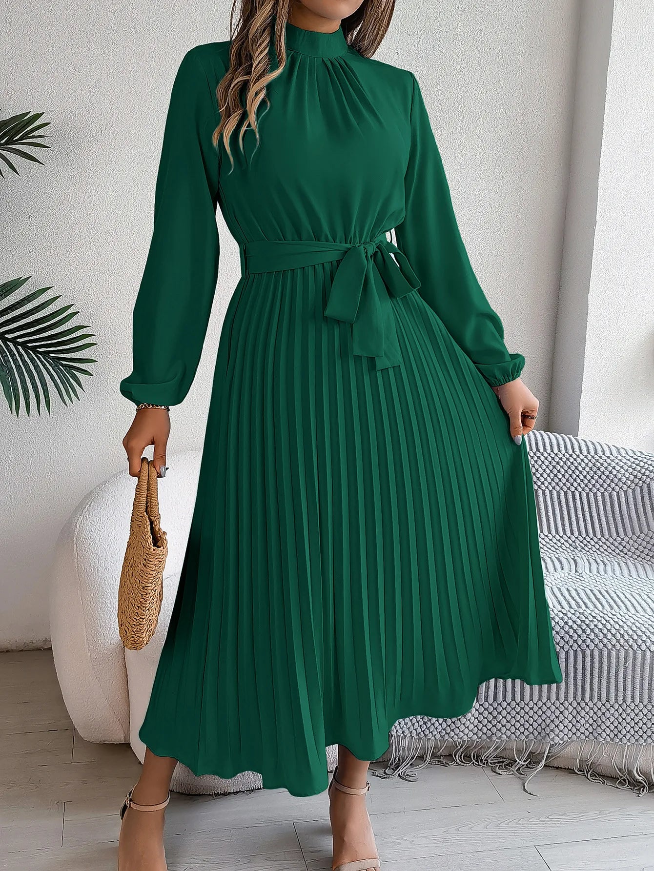 Grace Pleated Belted Midi Dress – Vohran