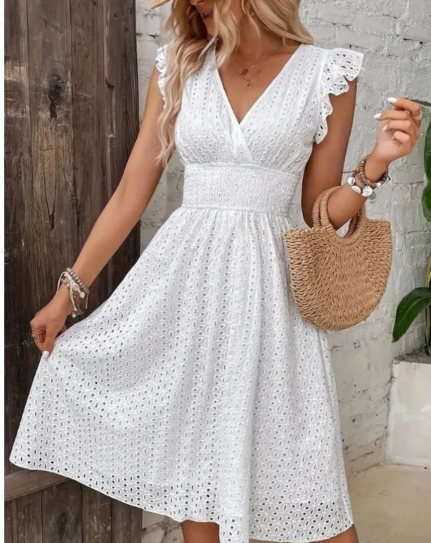 Embroidered Cotton Mini Dress with V-Neck – Feminine Summer Style