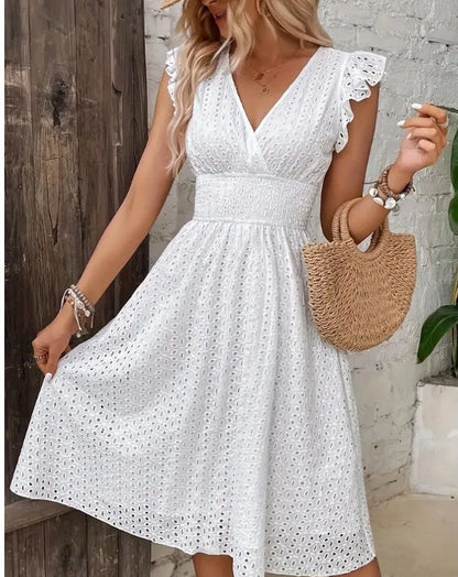 Embroidered Cotton Mini Dress with V-Neck – Feminine Summer Style
