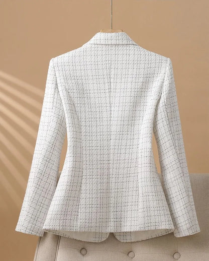 Elegant White Checkered Blazer Jacket for Women