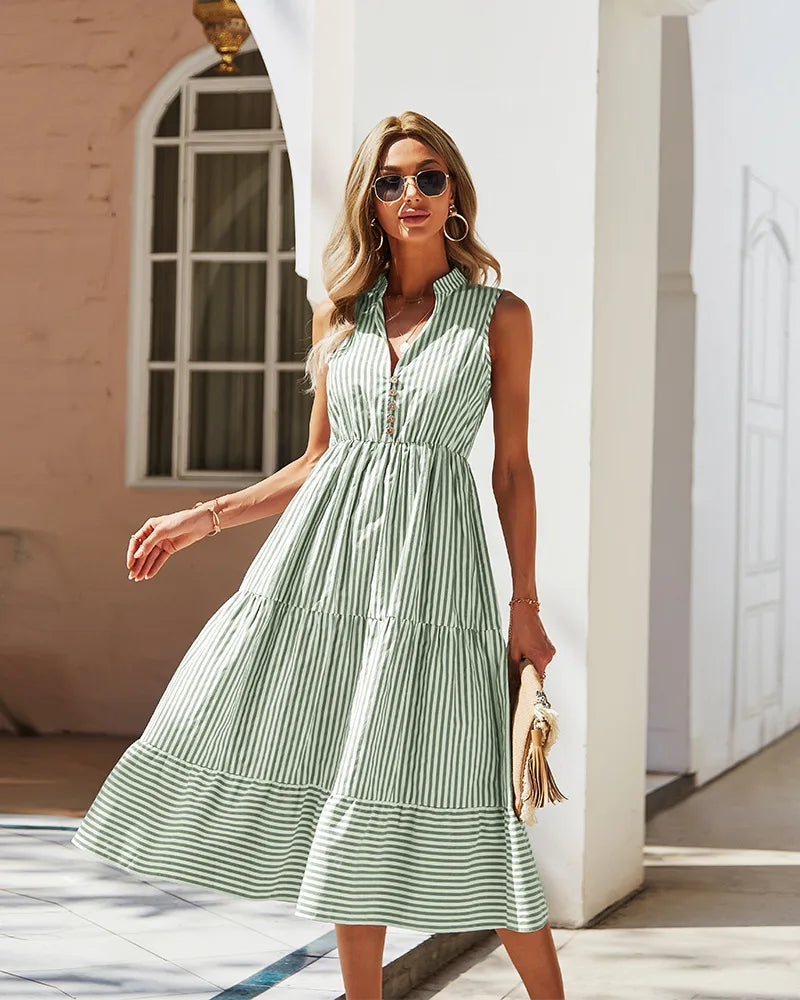 Sleeveless Striped Midi Shirt Dress with Buttons – Casual Summer Elegance