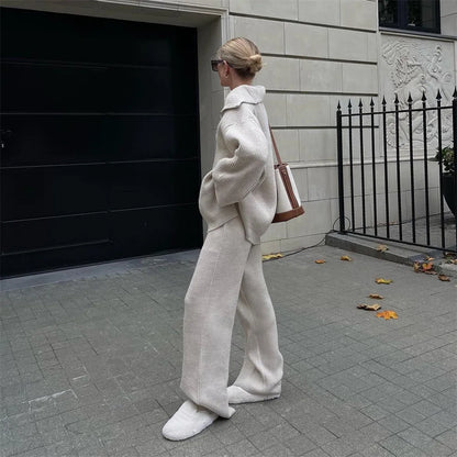 Half-Zip Turtleneck Knit Co-ord with Wide-Leg Trousers