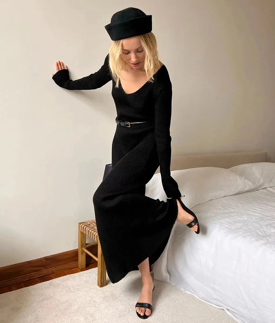 Knitted V-Neck A-Line Midi Dress