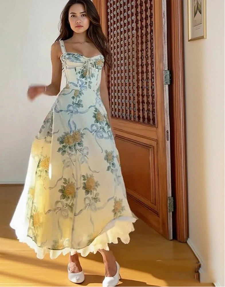 Floral Midi Dress with Corset Bodice