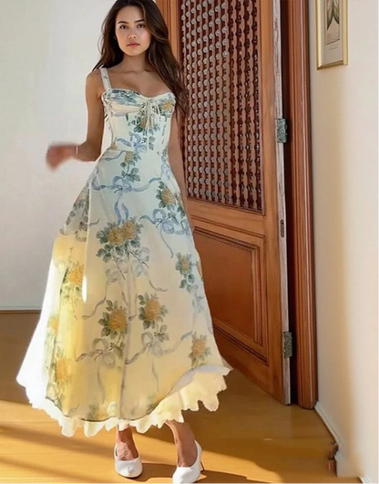 Floral Midi Dress with Corset Bodice