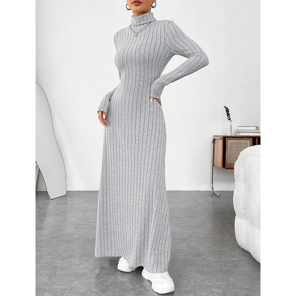 Ribbed High-Neck Knit Maxi Dress