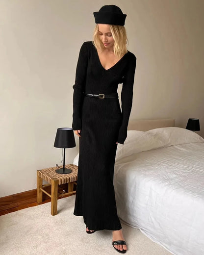 Knitted V-Neck A-Line Midi Dress