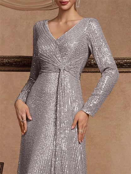 Silver Lumina Draped Sequin Evening Gown