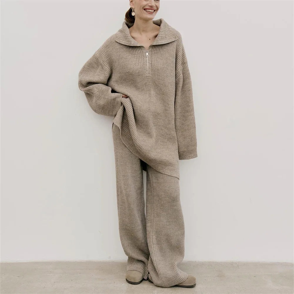 Half-Zip Turtleneck Knit Co-ord with Wide-Leg Trousers