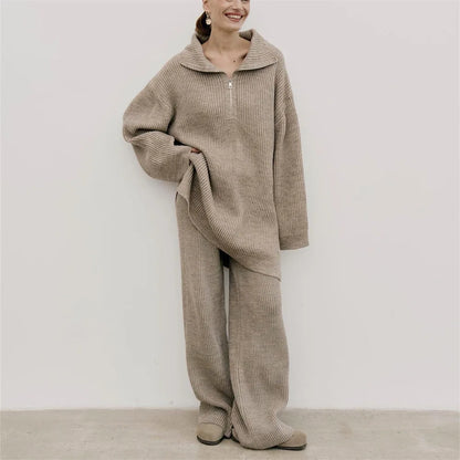 Half-Zip Turtleneck Knit Co-ord with Wide-Leg Trousers