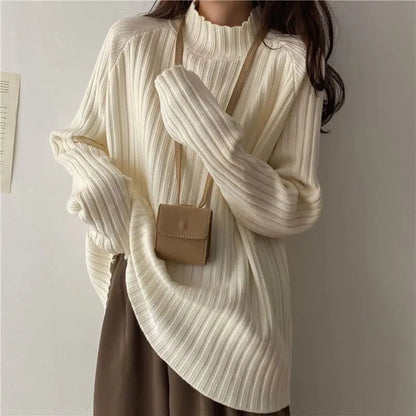 Autumn Winter Fashion All-match Long Sleeve Loose Sweaters Women Clothing Elegant Chic Turtleneck Pullover Casual Solid Knit Top
