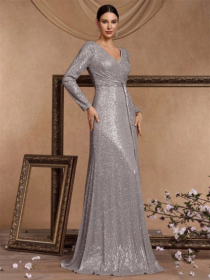Silver Lumina Draped Sequin Evening Gown