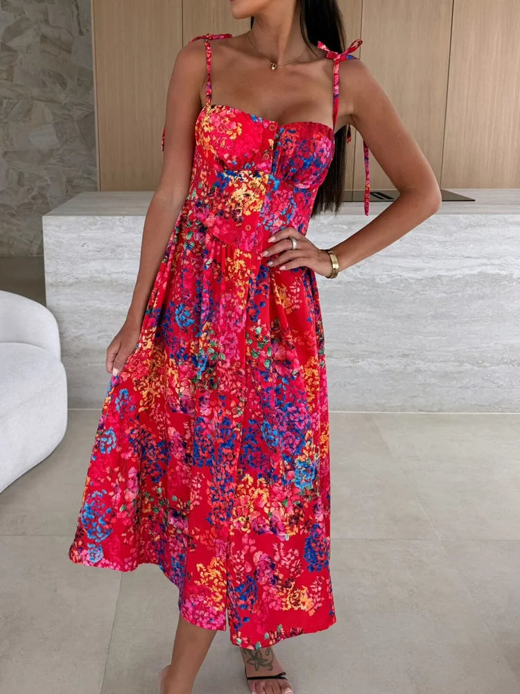 Tropical Print Midi Dress with Tie Straps