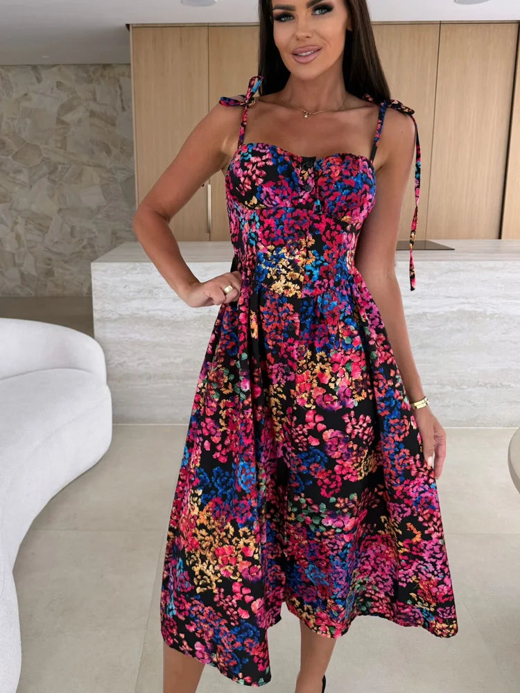 Tropical Print Midi Dress with Tie Straps