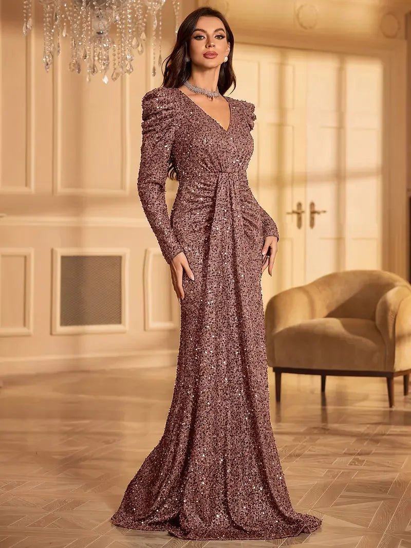 Elegant Women's Long-Sleeve V-Neck Evening Dress - Perfect for Weddings, Birthdays & Parties