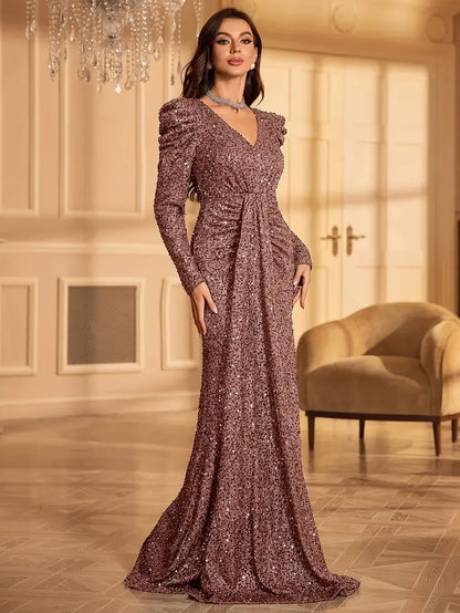 Elegant Women's Long-Sleeve V-Neck Evening Dress - Perfect for Weddings, Birthdays & Parties