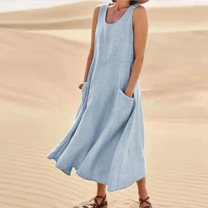 Sleeveless Linen Maxi Dress with Pockets – Vohran