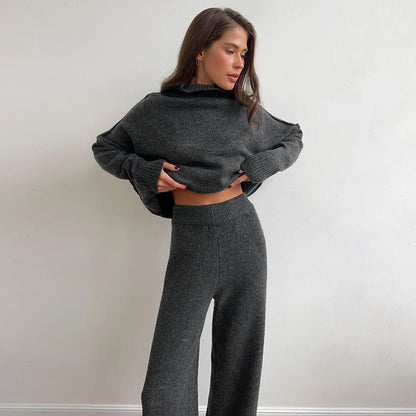 2025 Turtleneck Sweater Set Women's European, American Autumn And Winter New Loose Casual Lazy Thickened Knitted Trousers Sets